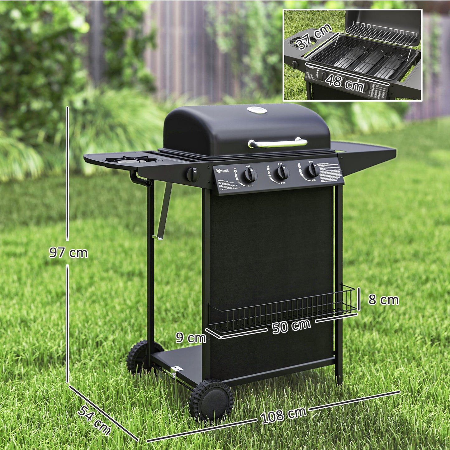 Outsunny Four Burner Gas Grill BBQ With Side Burner Warming Rack 1776 Cm2 Grilling Area Black