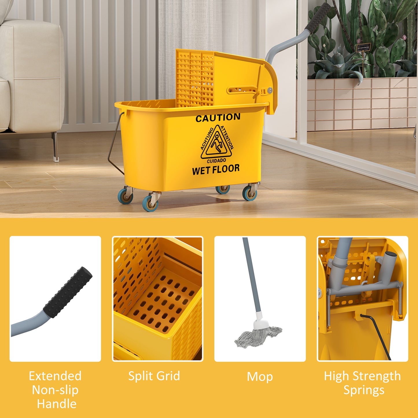 HOMCOM 20 Litre Mop Bucket With Wringer On Wheels Yellow For Floor Cleaning With Side Press And Included Mop
