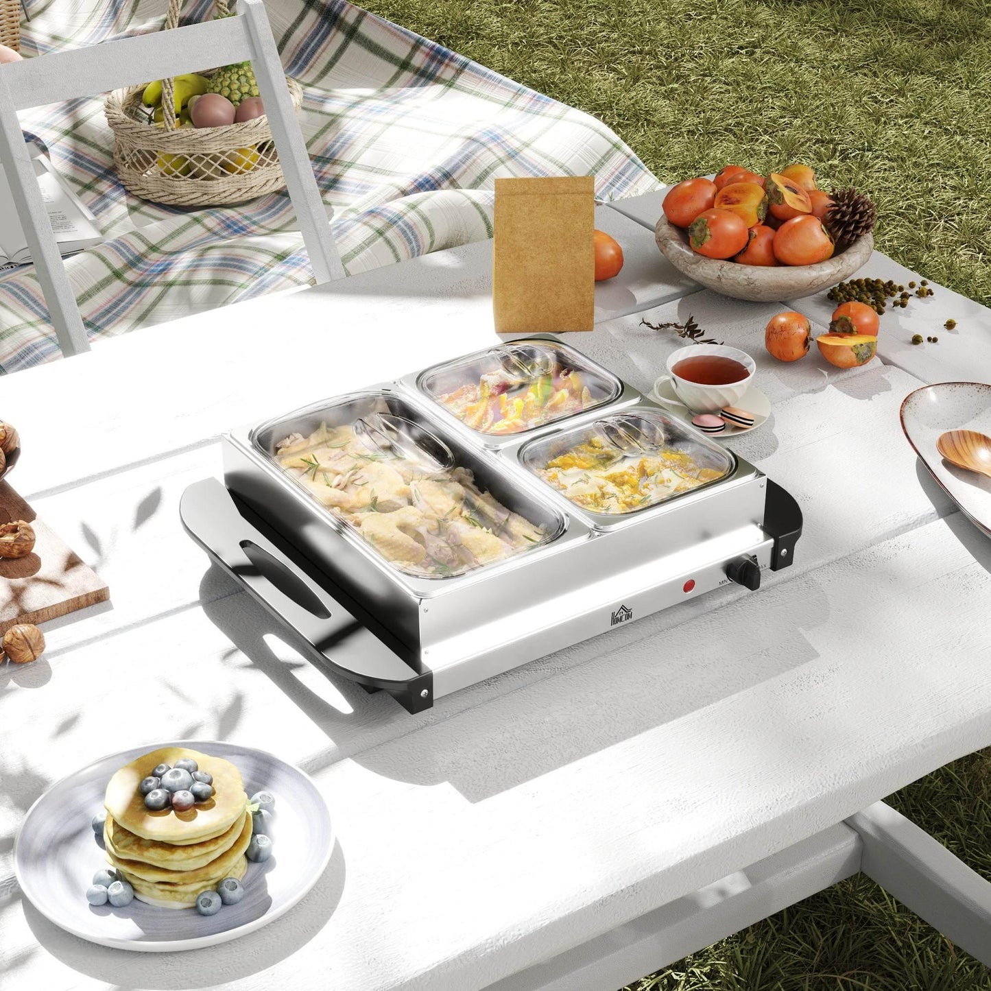 HOMCOM 4.5L Electric Buffet Warmer with 3 Trays and Lids in Stainless Steel - ALL4U RETAILER LTD
