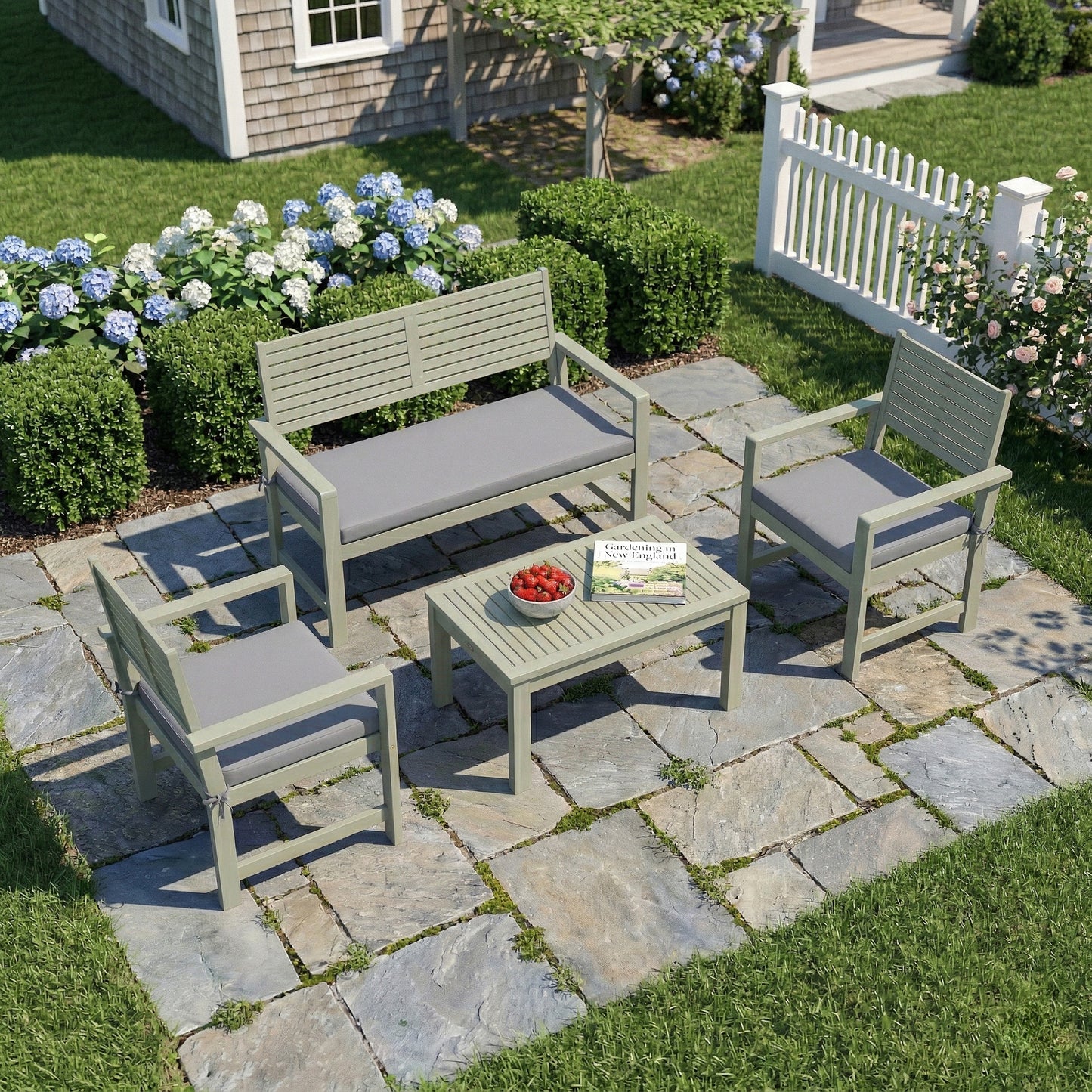 Outsunny 4 Piece Outdoor Wooden Garden Furniture Set Acacia Wood Loveseat Armchairs Table Light Grey Cushions