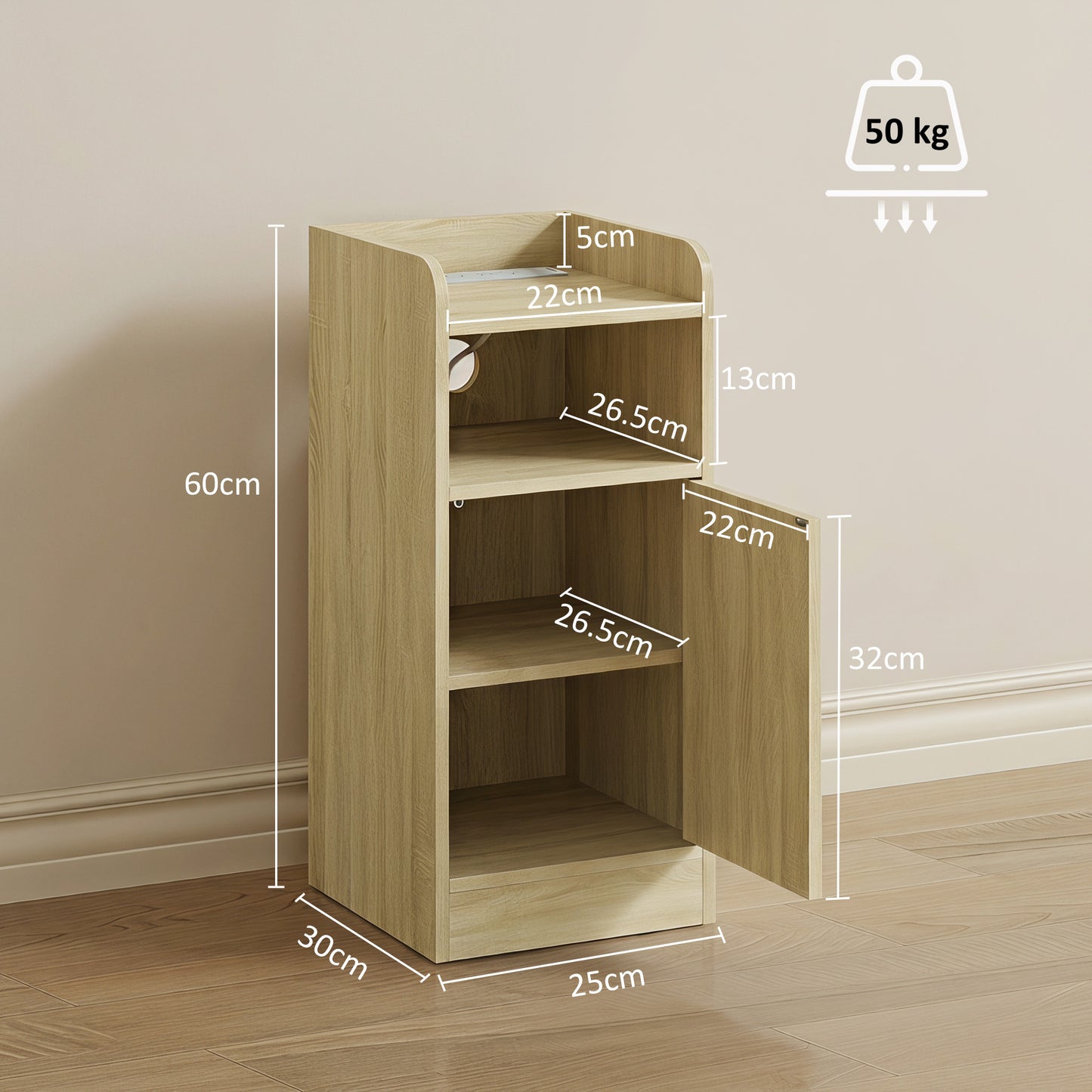 HOMCOM Slim Bedside Table Set Of 2 Oak With Charging Station