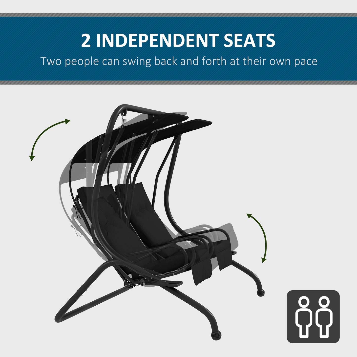 Outsunny Two Seat Garden Swing Chair With Protective Canopy Cup Holders And Sturdy Curved Steel Frame Black