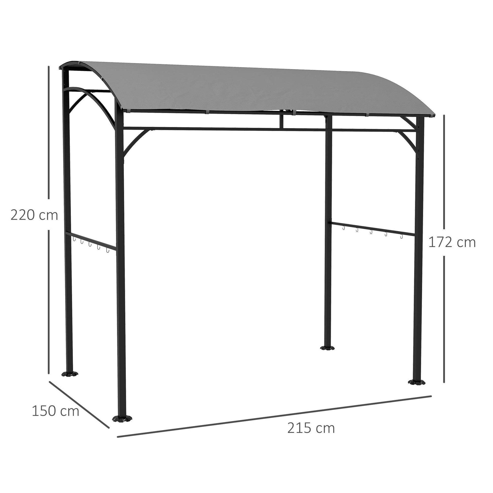 Outsunny 2.2 x 1.5 m BBQ Grill Gazebo Tent, Garden Grill with Metal Frame, Curved Canopy and 10 Hooks, Outdoor Sun Shade, Grey - ALL4U RETAILER LTD