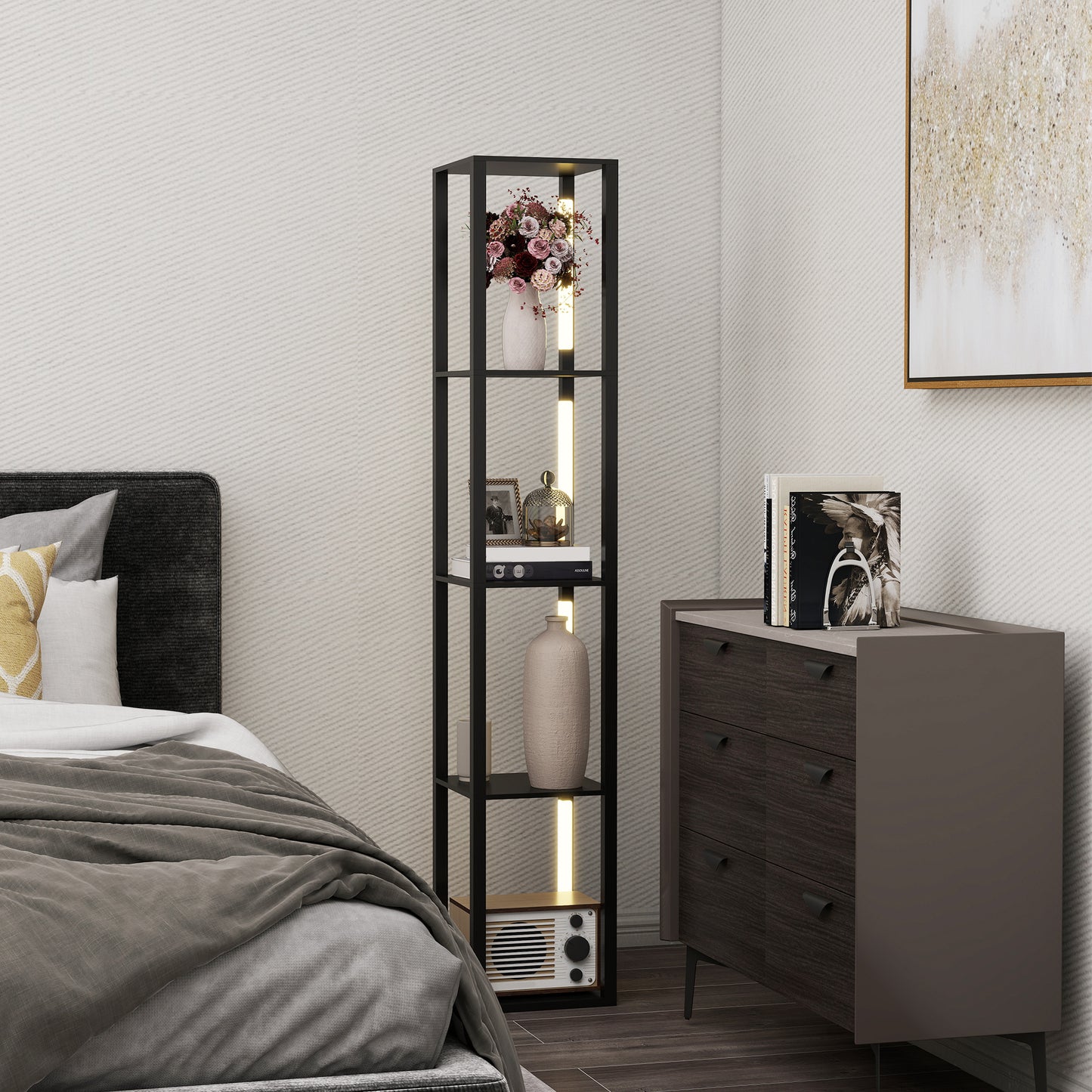 HOMCOM LED Floor Lamp With Shelves Modern Dimmable Standing Lamp With 3 Brightness Levels And Foot Switch Black