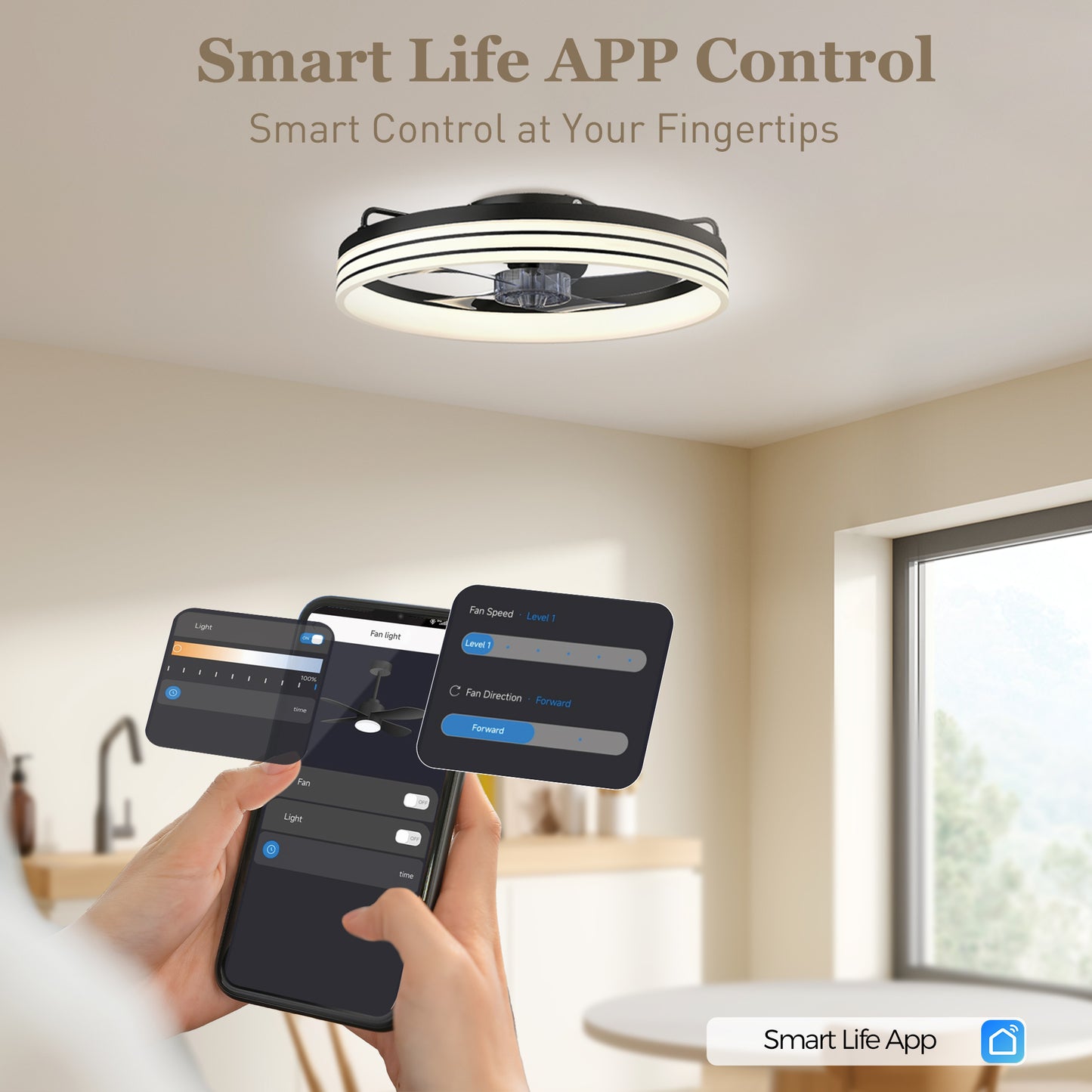 HOMCOM 50cm LED Ceiling Fan With Light, Remote And App Control, 3 Colour Temperatures, 6 Speeds, Black