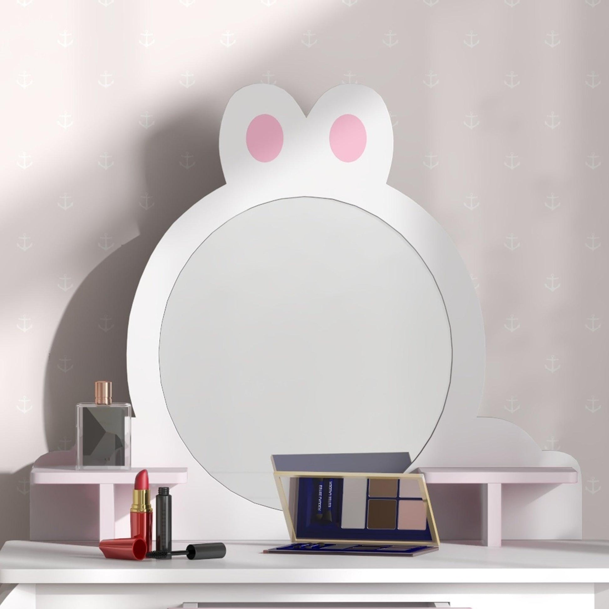 ZONEKIZ Bunny-Design Kids Dressing Table, with Mirror and Stool - White and Pink - ALL4U RETAILER LTD