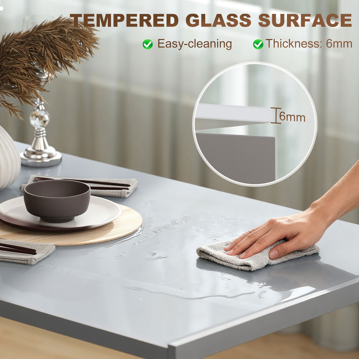 HOMCOM 120cm Dining Table Rectangle 4 Seater Kitchen Table With Tempered Glass Top And Metal Legs Grey