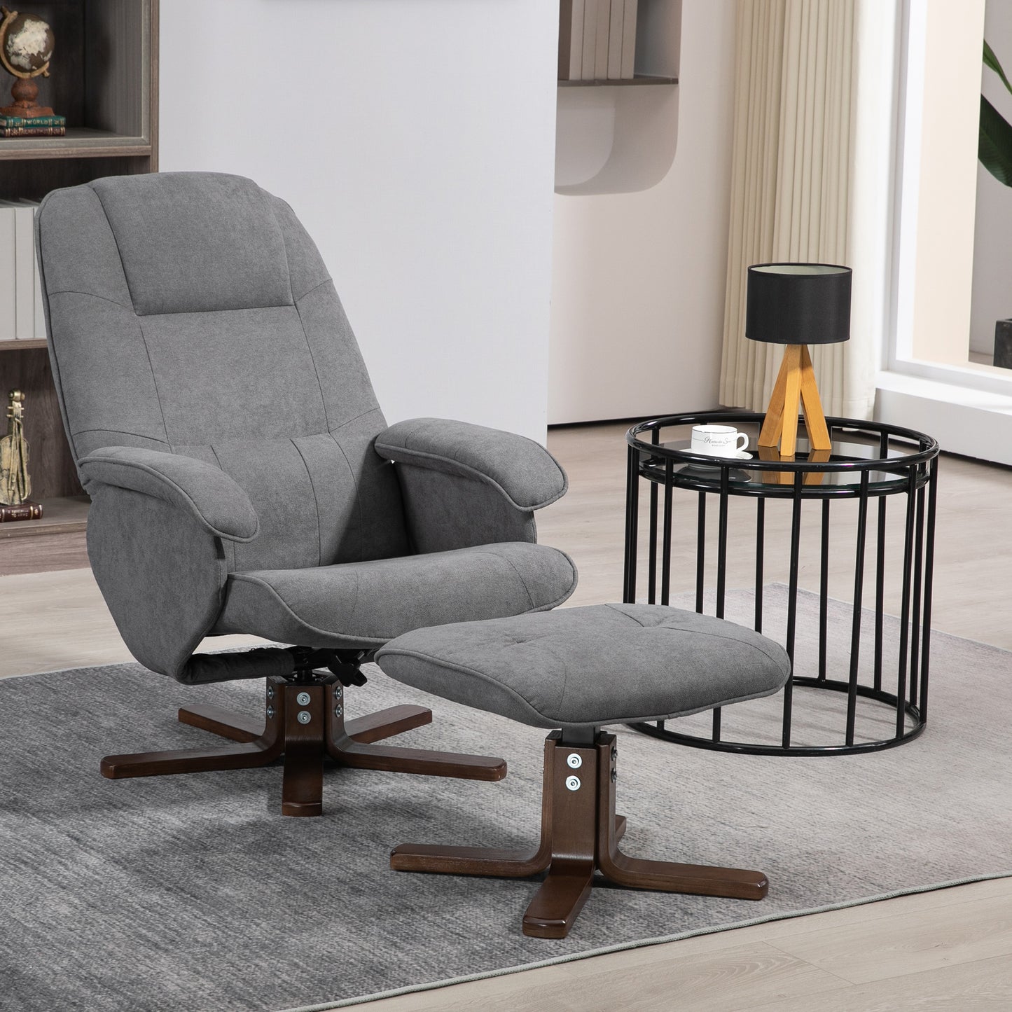 HOMCOM Grey Linen Recliner Chair and Ottoman Set with 360° Swivel and Wooden Base for Living Room Comfort - ALL4U RETAILER LTD