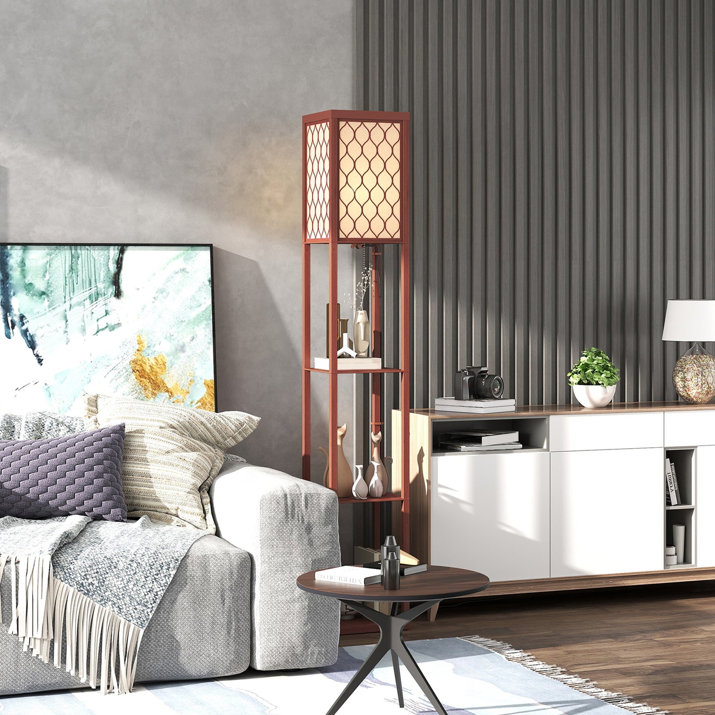 HOMCOM Three Shelf Standing Lamp Brown And White With Overhead Reading Light And Storage Shelves