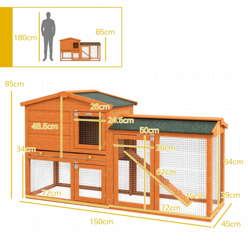 PawHut 2-Tier Wooden Rabbit Hutch with Outdoor Run, Ramp, Slide-Out Tray, for Garden and Yard, Orange - Pet House for Small Animals - ALL4U RETAILER LTD