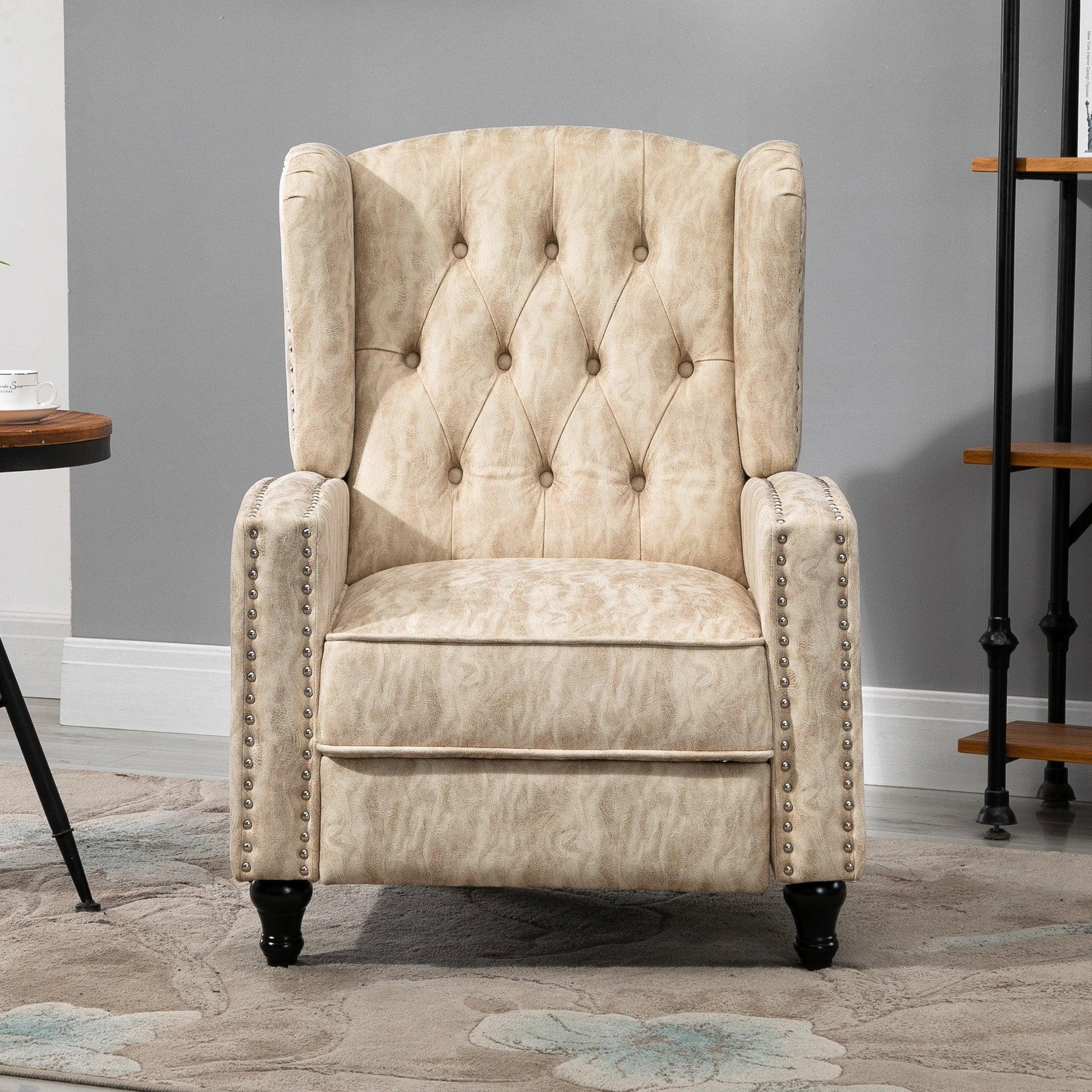 HOMCOM Studded Upholstered Reclining Armchair w/ Retractable Footrest Beige - ALL4U RETAILER LTD