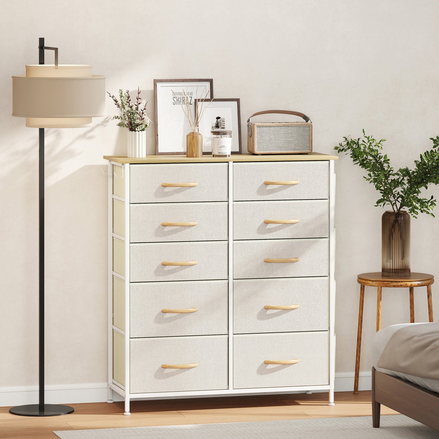 HOMCOM Fabric Chest of Ten Drawers Beige with Steel Frame X Bars Six Small and Four Large Drawers for Bedroom Storage