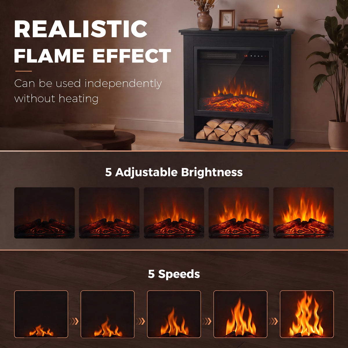 Black electric fireplace with LED flame effect and multiple brightness levels