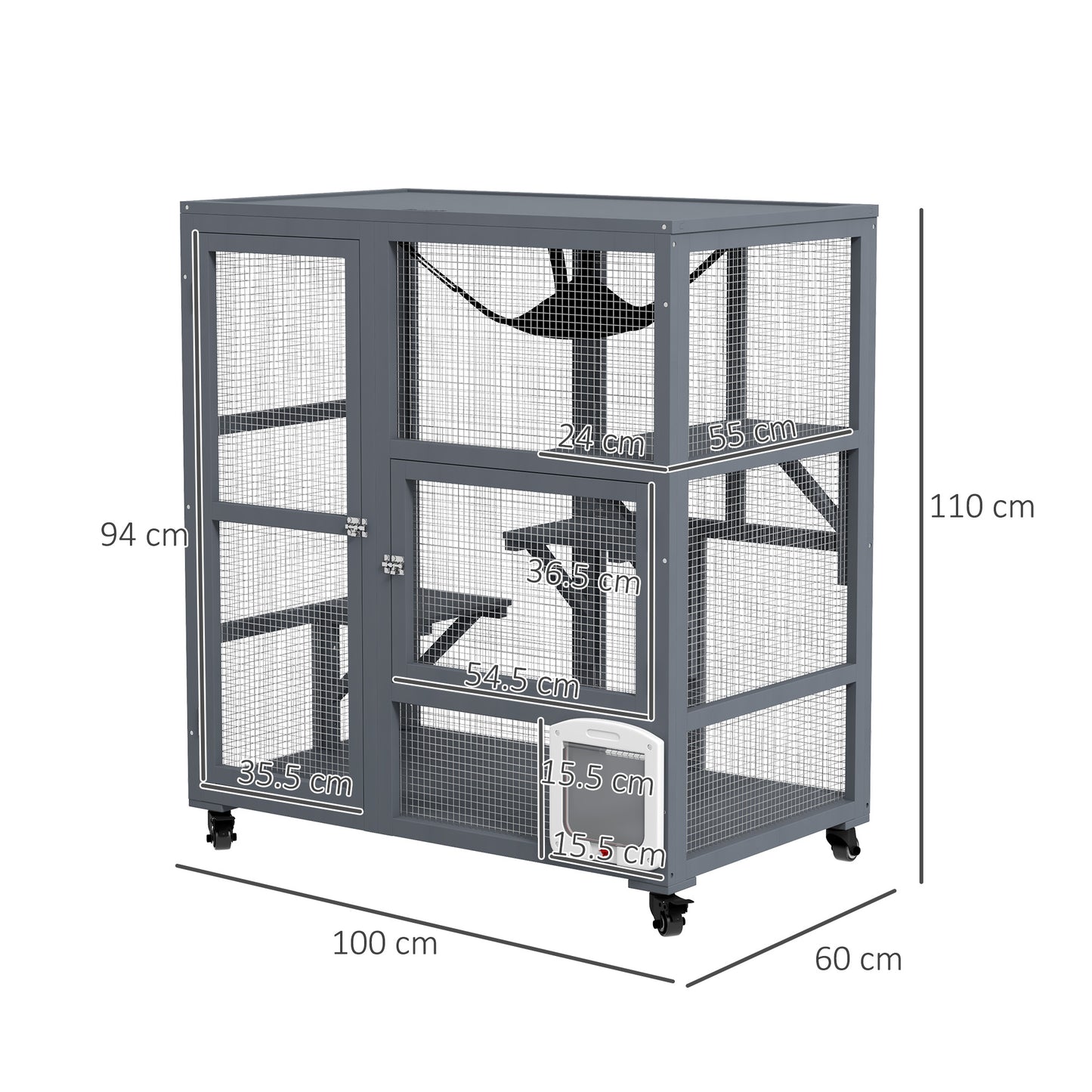 PawHut Light Grey Cat Enclosure with Wheels, Weather-Resistant Wooden Catio, Spacious Indoor Kitty House with Platforms and Hammock - 100L x 60W x 110Hcm