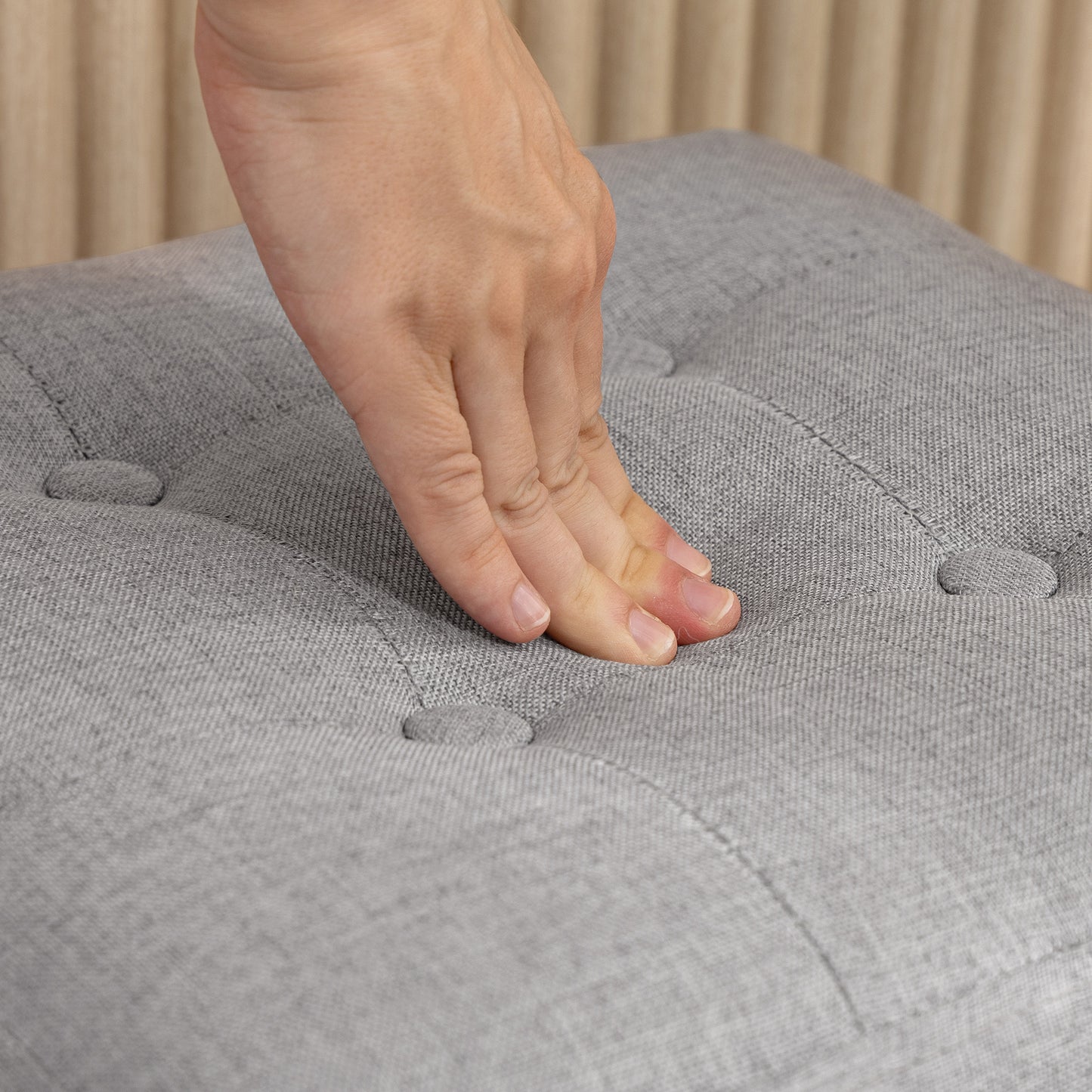 HOMCOM Square Footstool With Side Pocket Storage Ottoman Linen Fabric Footrest 35x35x35 cm Light Grey