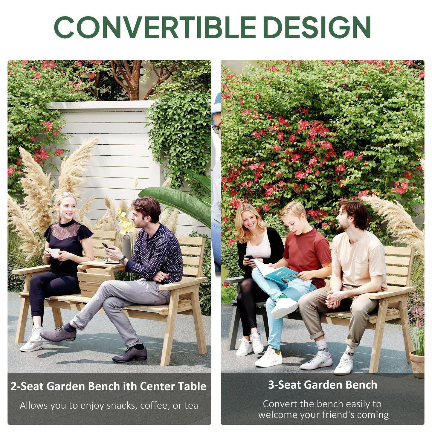 Outsunny Convertible Fir Wood Garden Bench 2 To 3 Seater With Table Natural Wood Finish