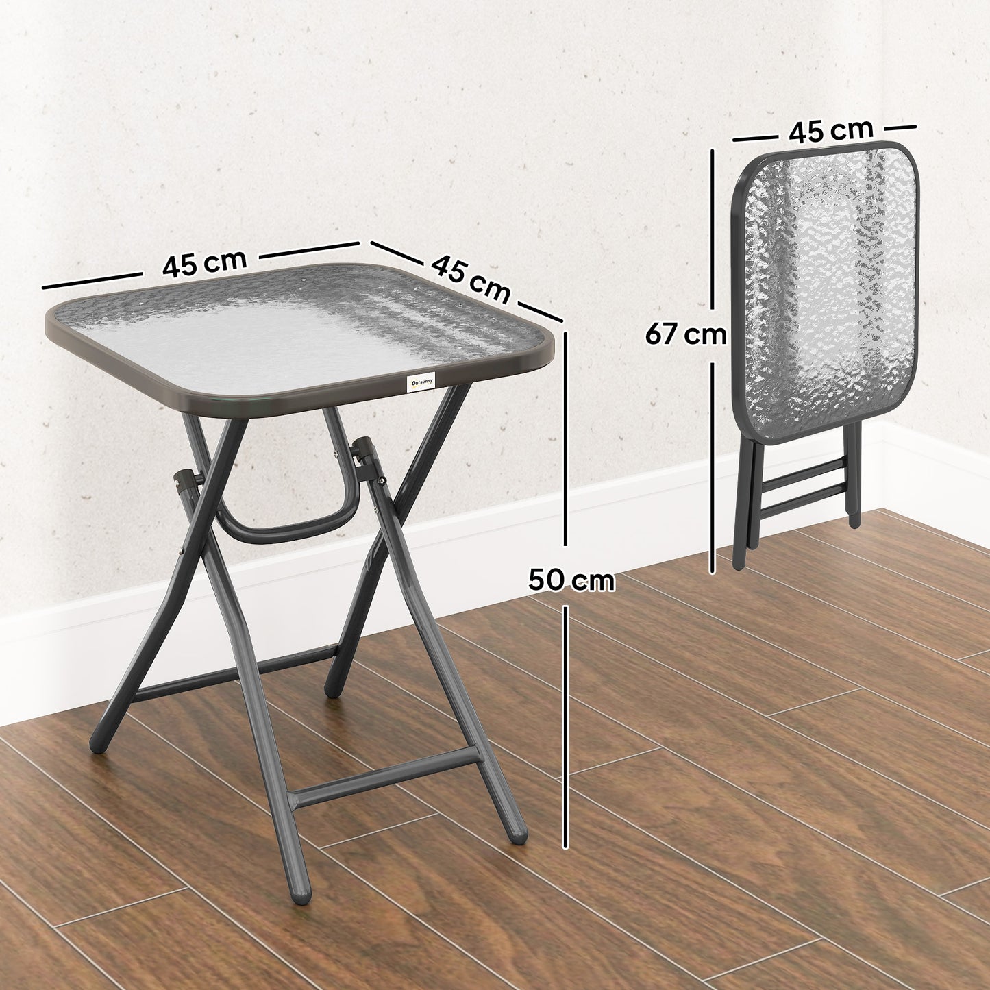 Outsunny Foldable Garden Table Square 45x45 cm With Ripple Glass Top Black 50 cm High Patio Balcony Coffee Table