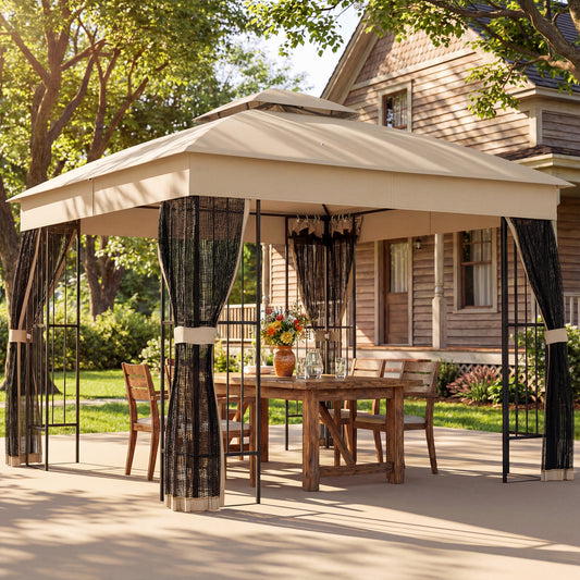 Outsunny 3x3 m Outdoor Garden Gazebo With Post Shelves Mesh Panels And Double Roof UPF50+ Permanent Pavilion Brown