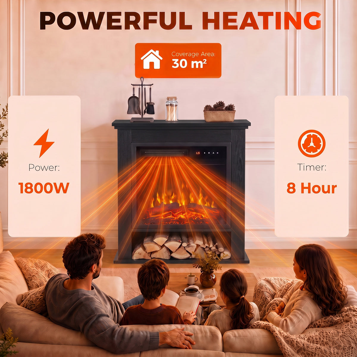 Black electric fireplace with bright heat airflow effect in a cozy living room