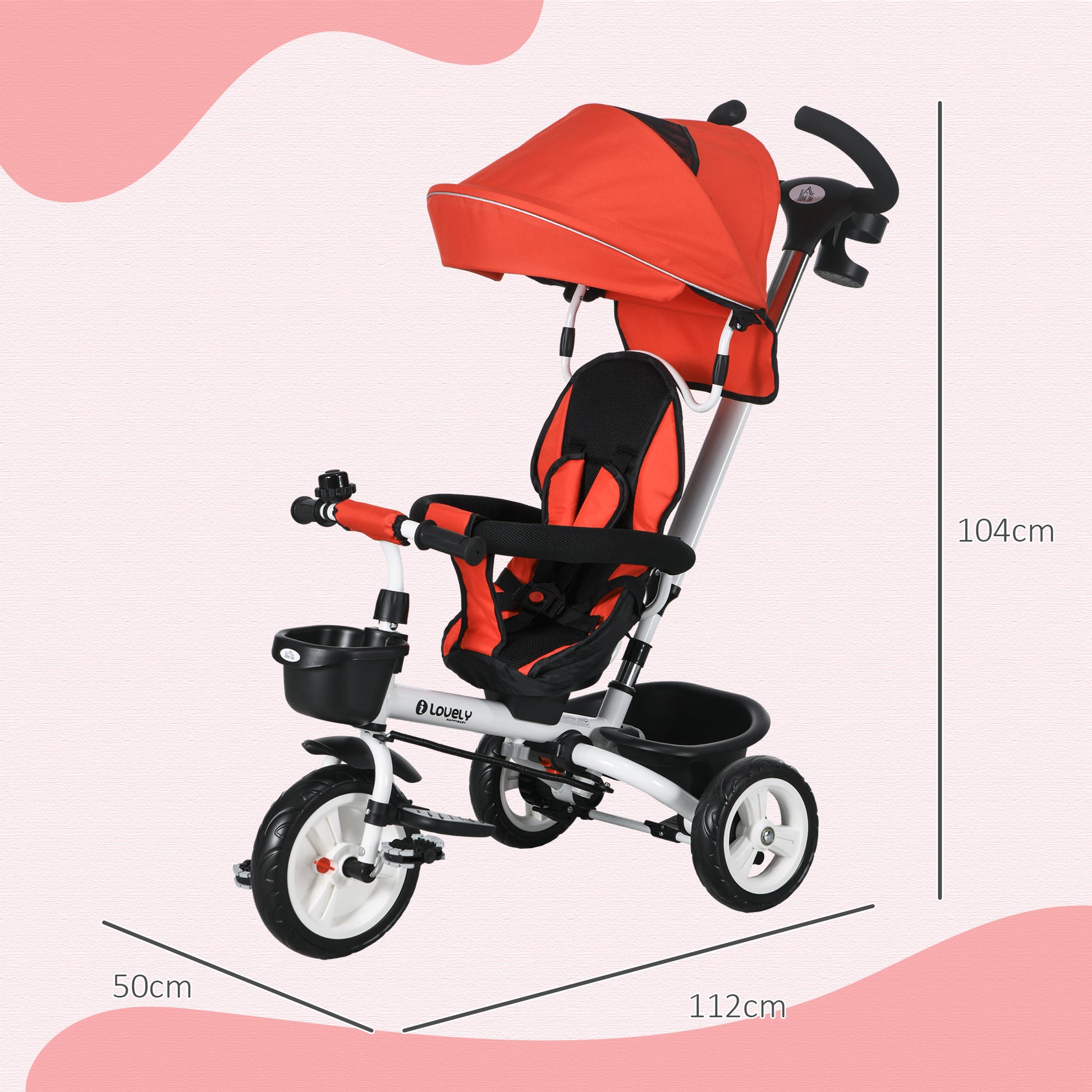 HOMCOM 4-in-1 Convertible Baby Tricycle with Parent Handle for Ages 1-5, Red - ALL4U RETAILER LTD