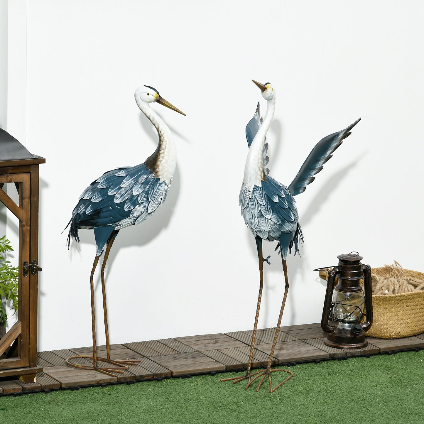 Outsunny Blue And White Heron Garden Statues Set Of Two Standing Metal Ornaments With Stakes For Outdoor Decor