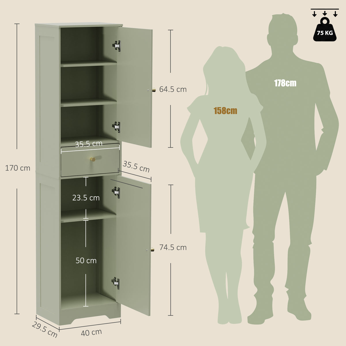 HOMCOM Tall Bathroom Storage Cabinet with Drawer and Arched Doors Light Green