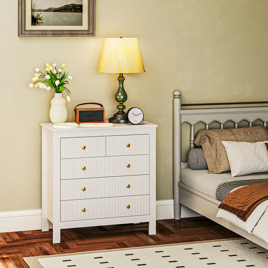 HOMCOM White Five Drawer Chest With Textured Fronts And Gold Tone Knobs For Elegant Bedroom Storage