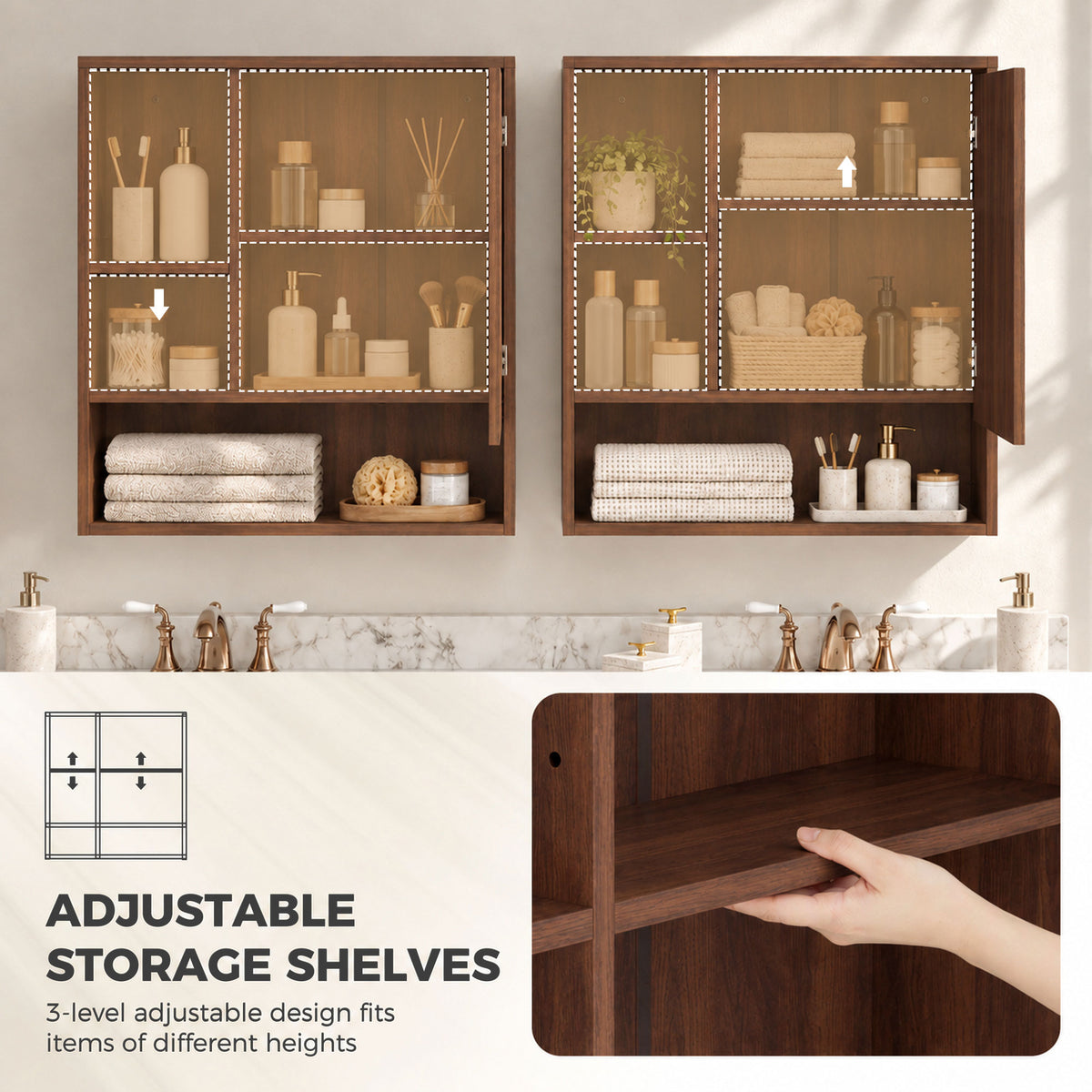 Walnut mirrored cabinet with open shelves and neatly arranged bathroom storage items