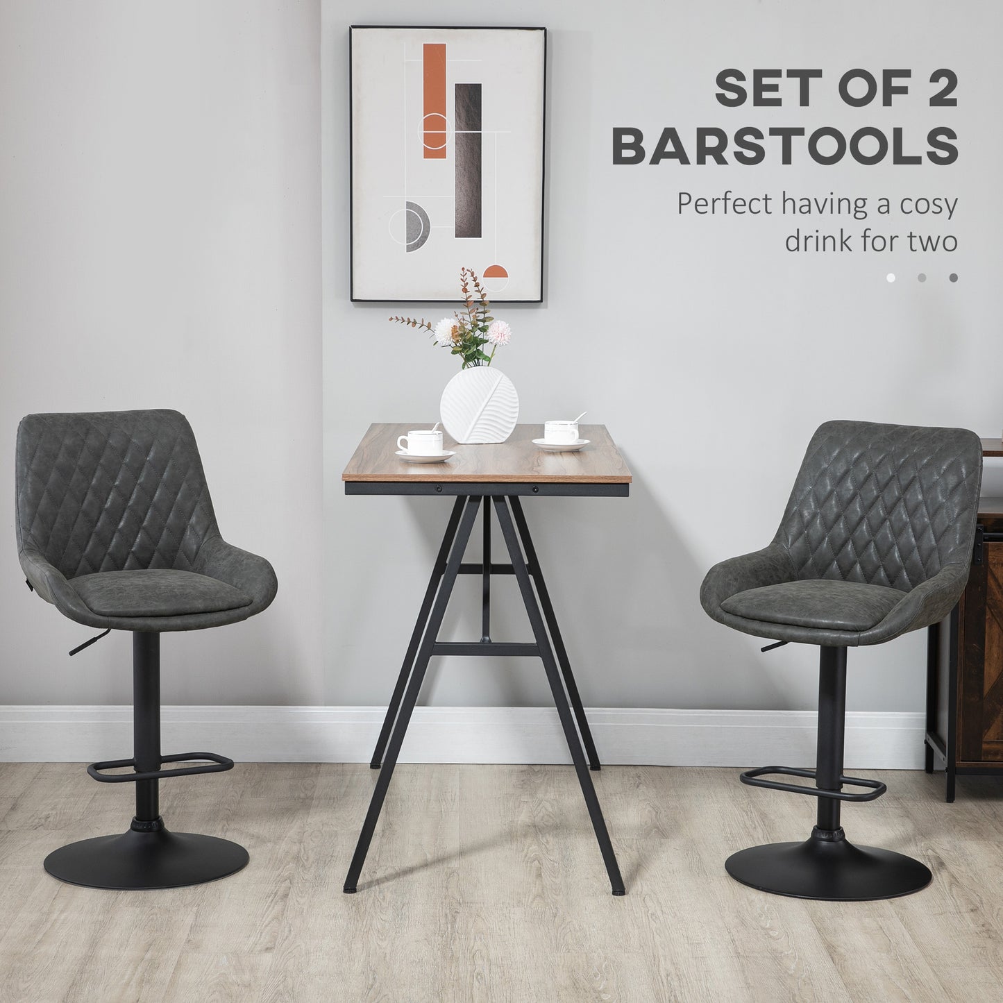 HOMCOM Adjustable Retro Bar Stool Set for Kitchen Dining, Upholstered Swivel Chairs with Backrest in Dark Grey - ALL4U RETAILER LTD