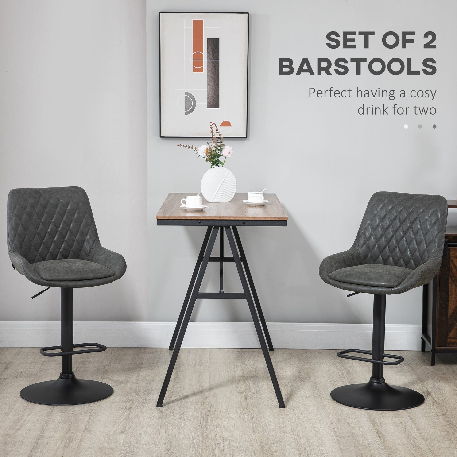 HOMCOM Adjustable Retro Bar Stool Set for Kitchen Dining, Upholstered Swivel Chairs with Backrest in Dark Grey - ALL4U RETAILER LTD