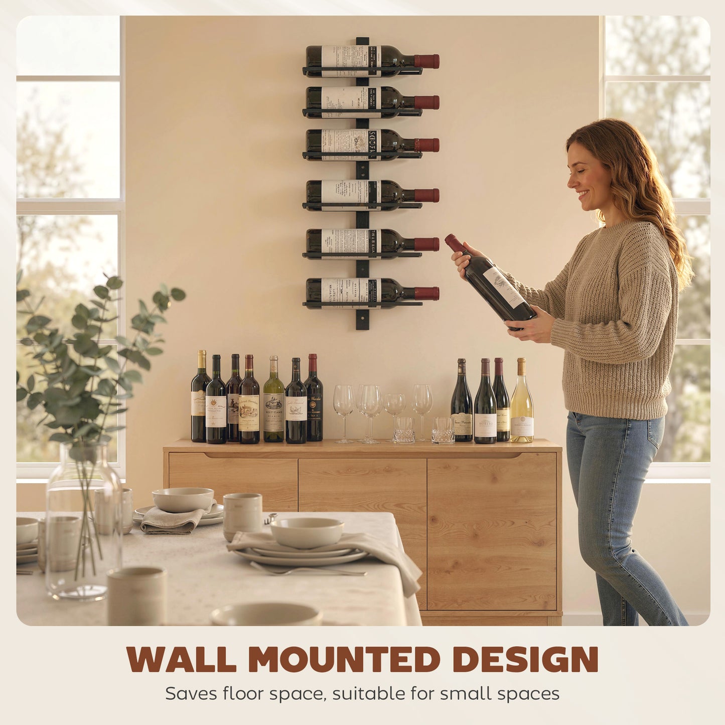 HOMCOM Wall Mounted 6 Tier Metal Wine Rack Storage Display For Kitchen Black Ideal Space Saving Wall Organizer