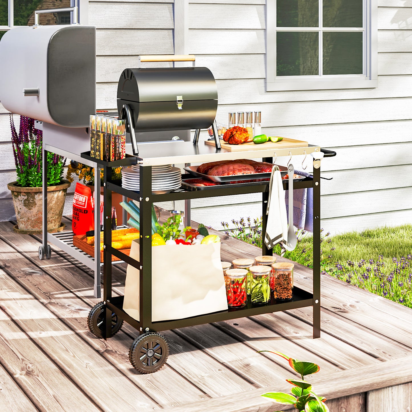 Outsunny Outdoor BBQ Trolley With Stainless Steel Top Adjustable Shelf Movable Grill Cart With Hooks Cover Black