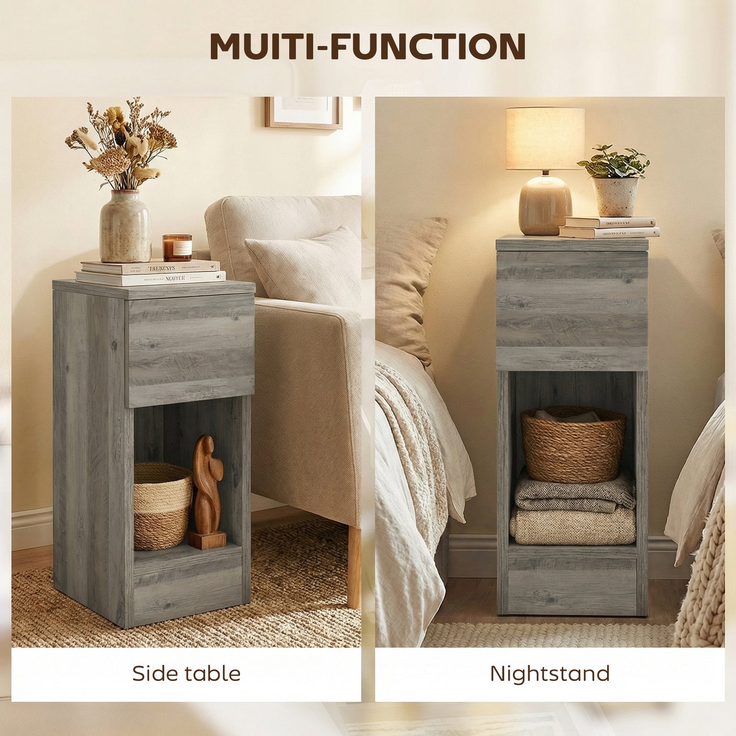 HOMCOM Set of Two Modern Storage Bedside Tables Grey With Wood Effect Tops Slim Design And Versatile Nightstands