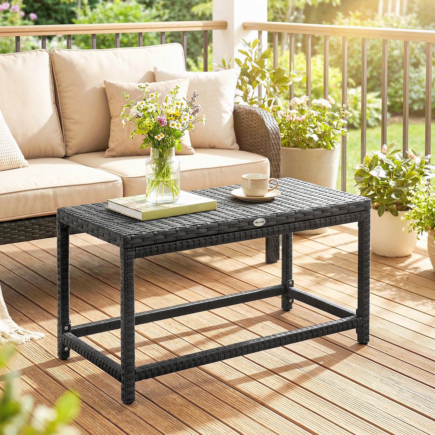 Outsunny Outdoor Coffee Table With Rectangular Frame And Rattan Tabletop Black Patio Side Table For Balcony