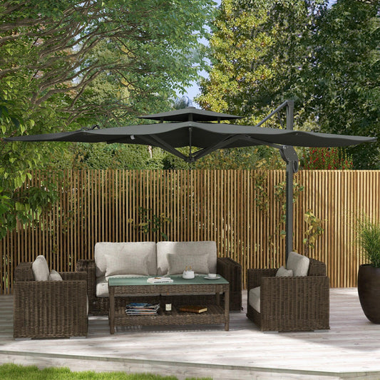 Outsunny Garden Parasol, 3(m) Cantilever Parasol with Hydraulic Mechanism, Dual Vented Top, 8 Ribs, Cross Base, Grey - ALL4U RETAILER LTD