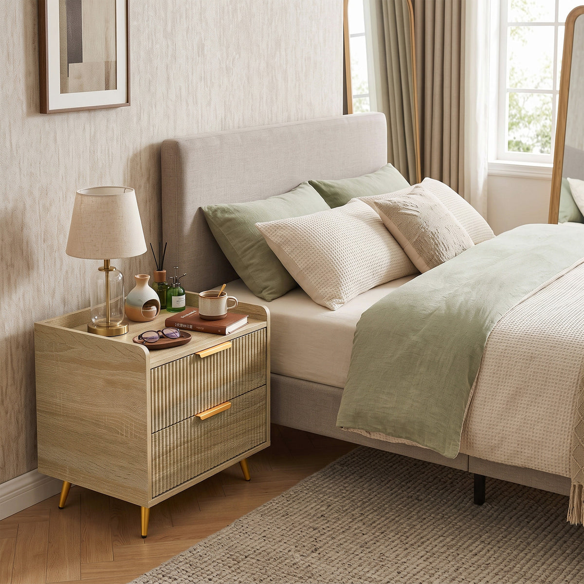 HOMCOM Bedside Table With Two Drawers Metal Legs Natural Wood Finish