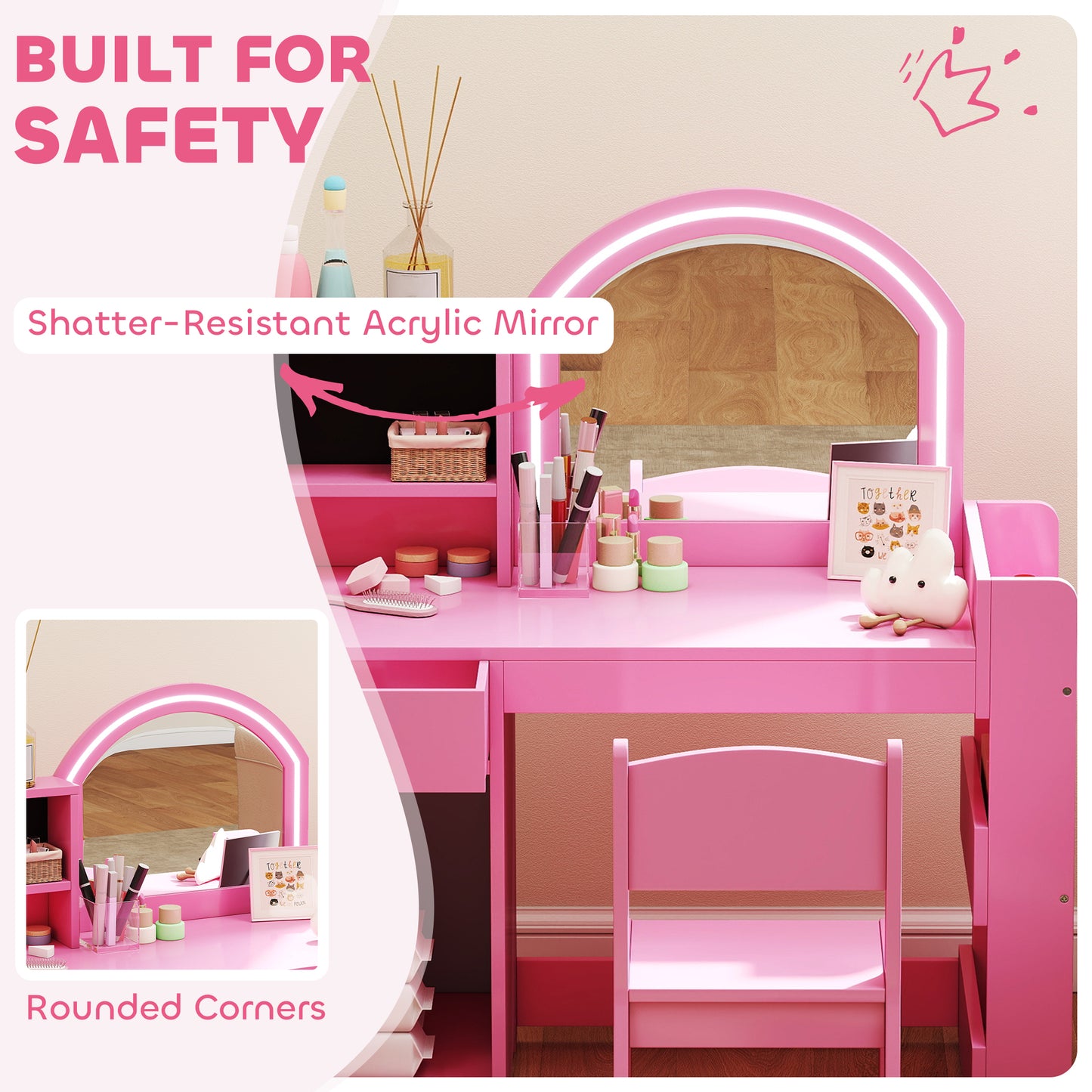 AIYAPLAY Kids Vanity Table and Chair Set with LED Mirror Pink and Storage Includes Stool Cabinet Drawer Shelves