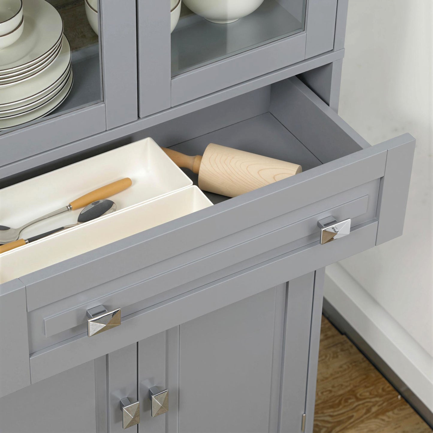HOMCOM Freestanding Kitchen Cupboard With 2 Adjustable Shelves Drawer Glass Door Living Room Grey