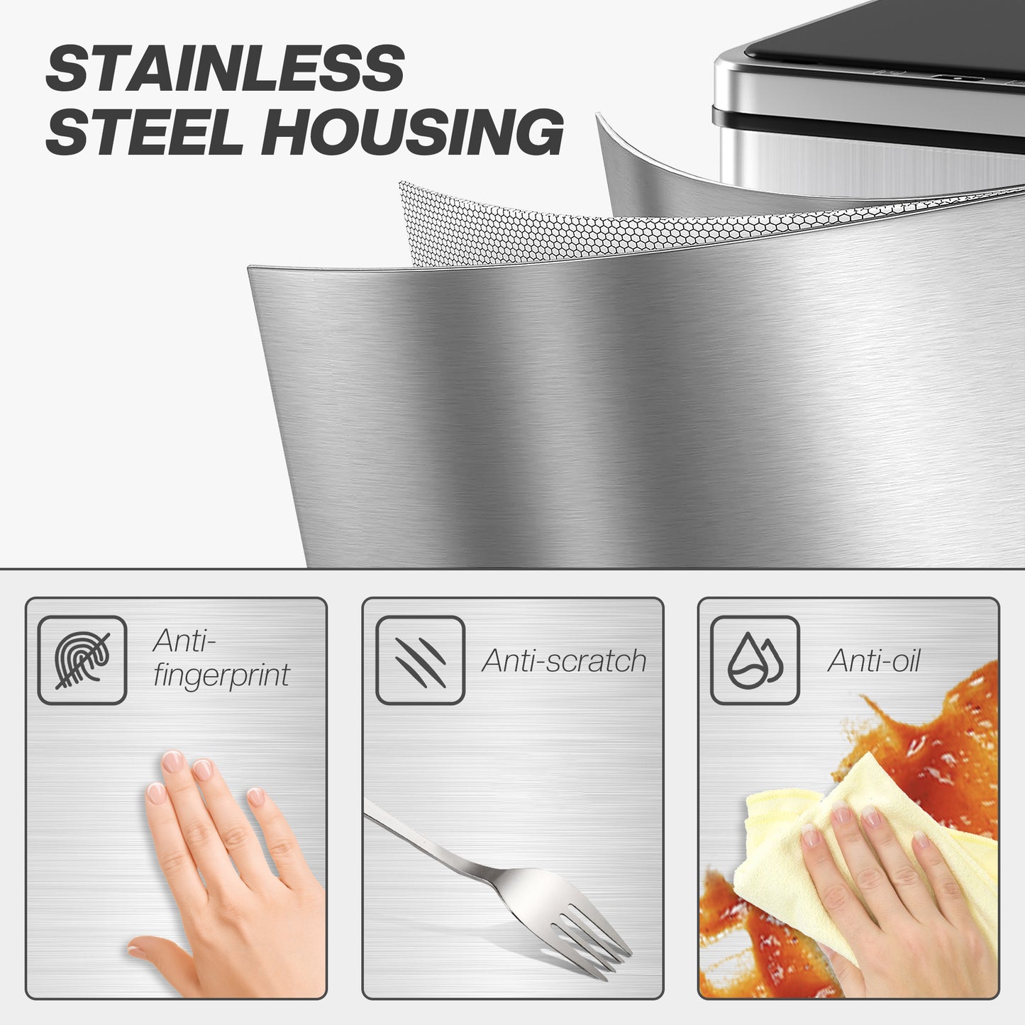 HOMCOM 40L Sensor Bin With Soft Close Lid Touchless Motion Sensor Kitchen Trash Can Fingerprint Resistant Silver Tone
