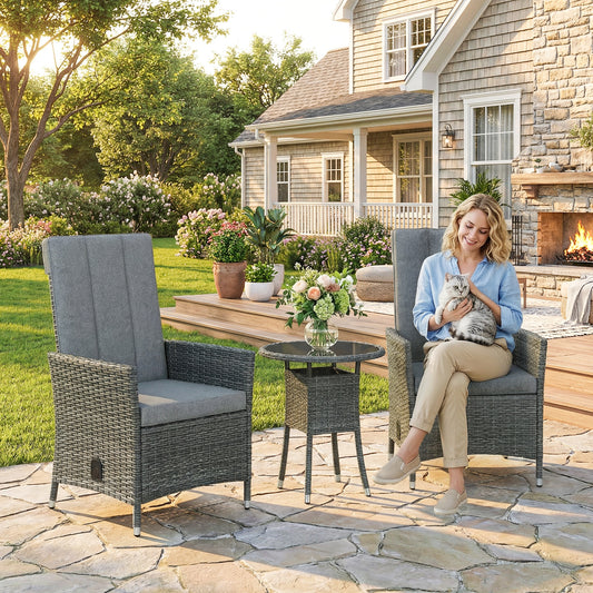 Outsunny Rattan Bistro Set Reclining Garden Chairs And Glass Coffee Table With Cushions For Patio Balcony Porch Grey