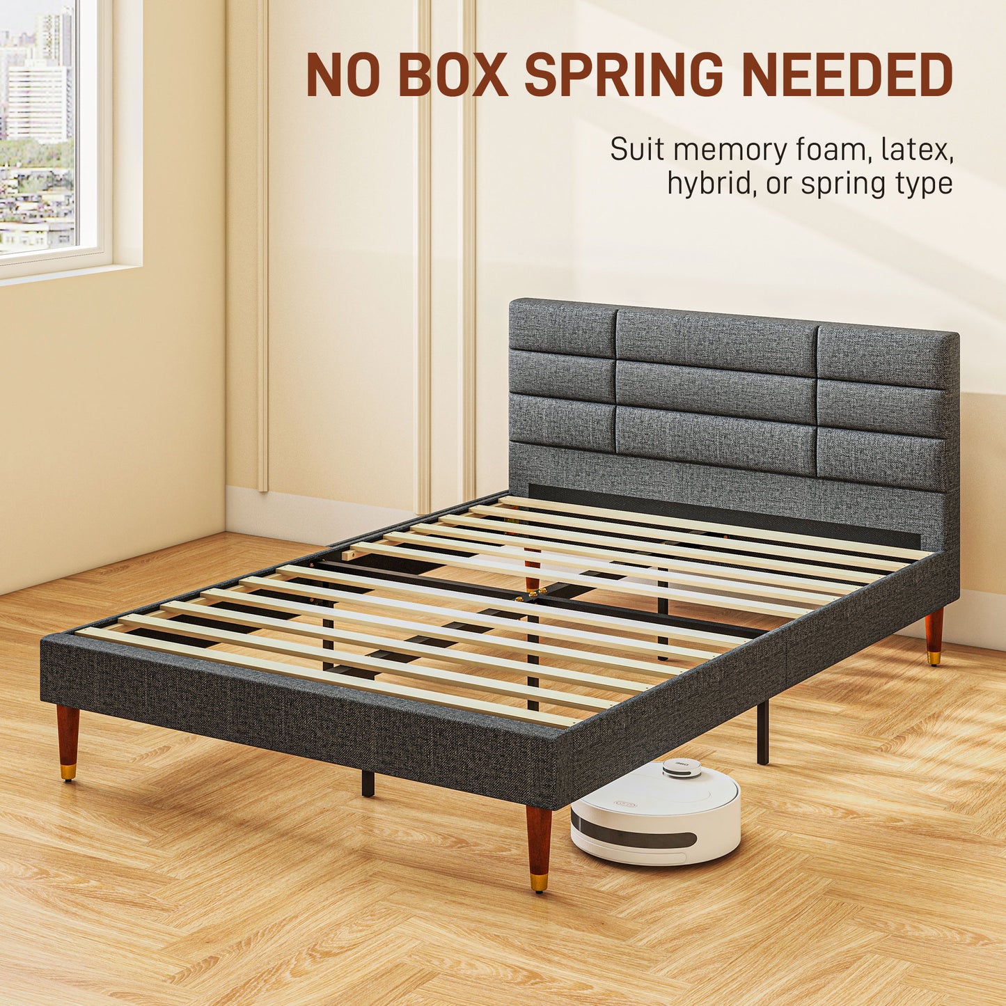 HOMCOM 4ft5 Stylish Upholstered Double Bed Frame with Underbed Storage and Tufted Headboard – No Box Spring Required - ALL4U RETAILER LTD