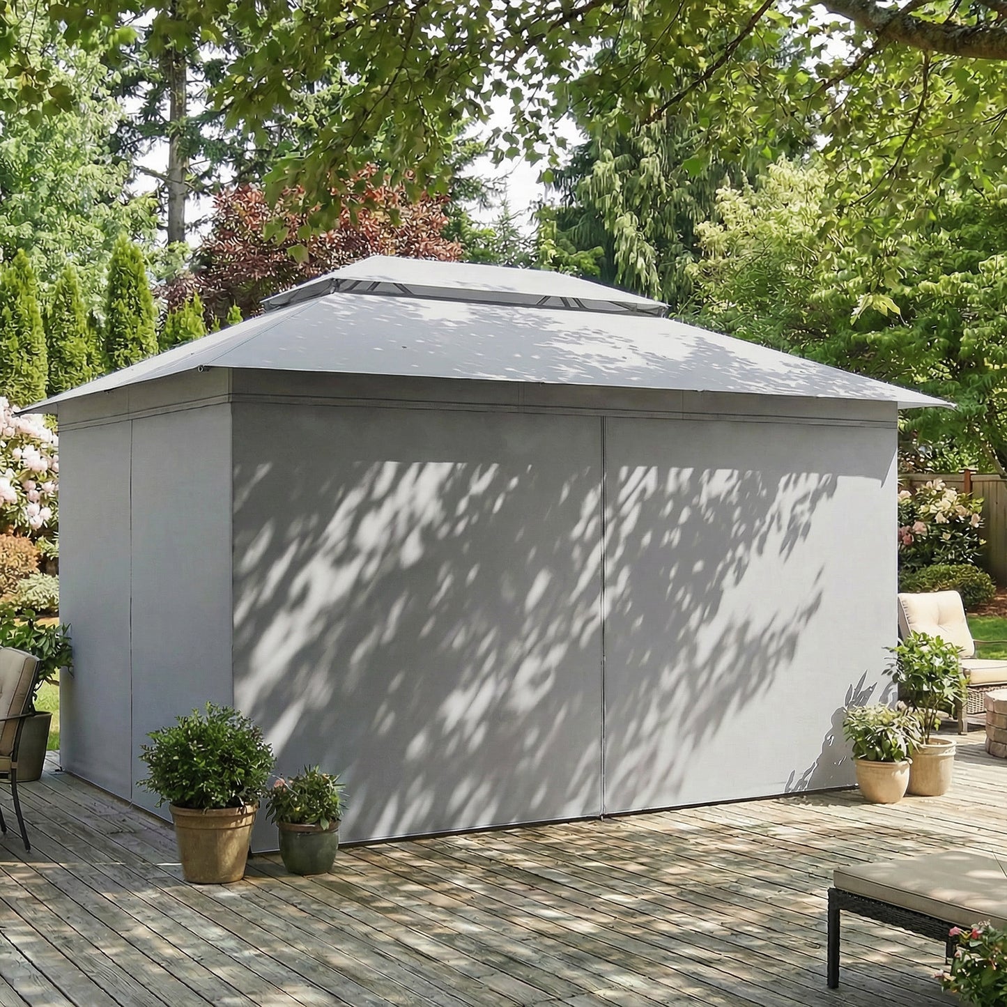 Outsunny 3 x 4 m Outdoor Garden Gazebo With Netting And Curtains UPF50 Plus Permanent Pavilion Canopy Dark Grey