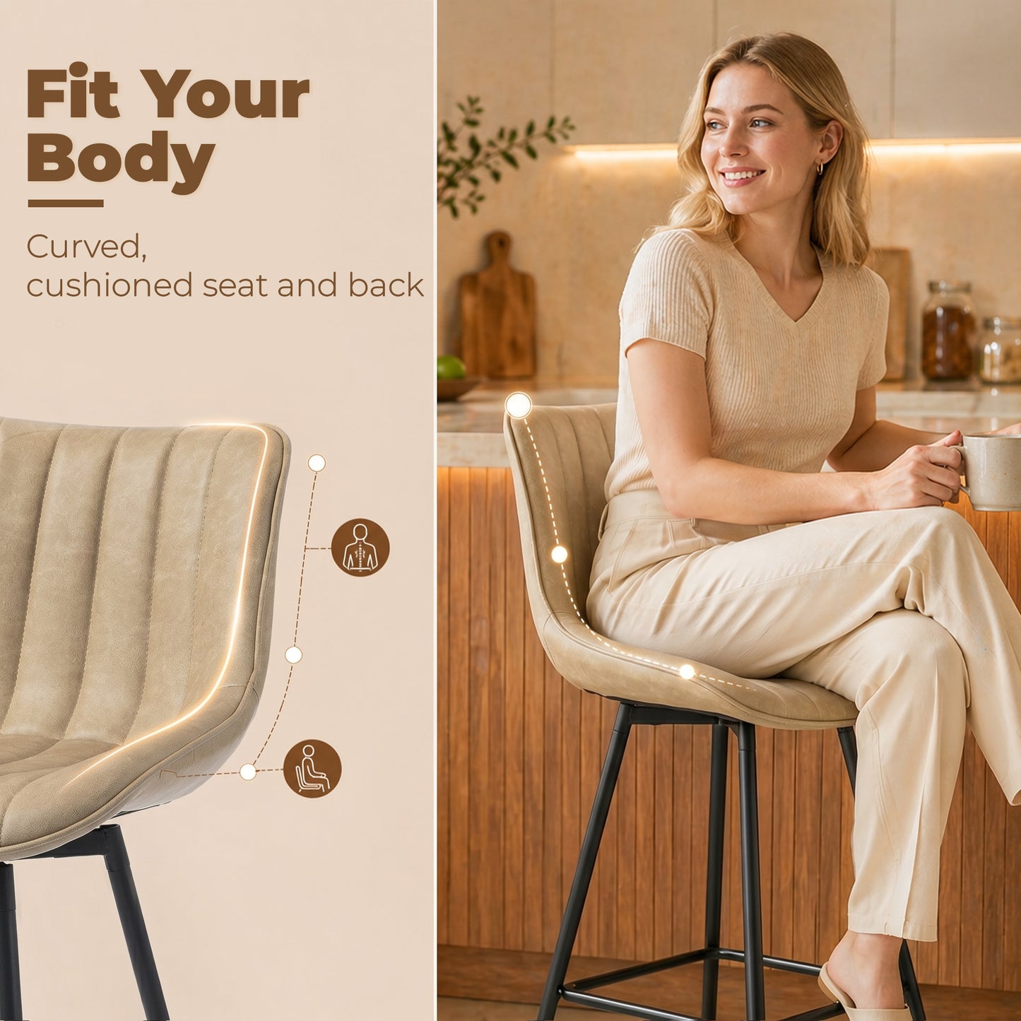 HOMCOM Set Of 2 PU Leather Swivel Bar Stools Light Brown 360 Degree Swivel For Kitchen Island