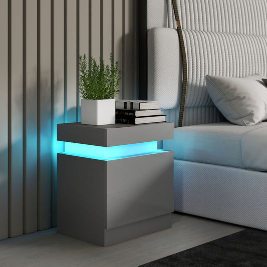 HOMCOM Grey Bedside Table With LED Light Panel And Bluetooth Music Sync High Gloss Front Nightstand With 2 Drawers