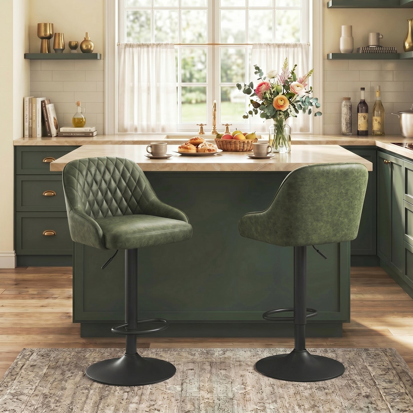 HOMCOM Adjustable Bar Stools Swivel Kitchen Chairs With Backrest Set Of 2 For Kitchen Island Dark Green