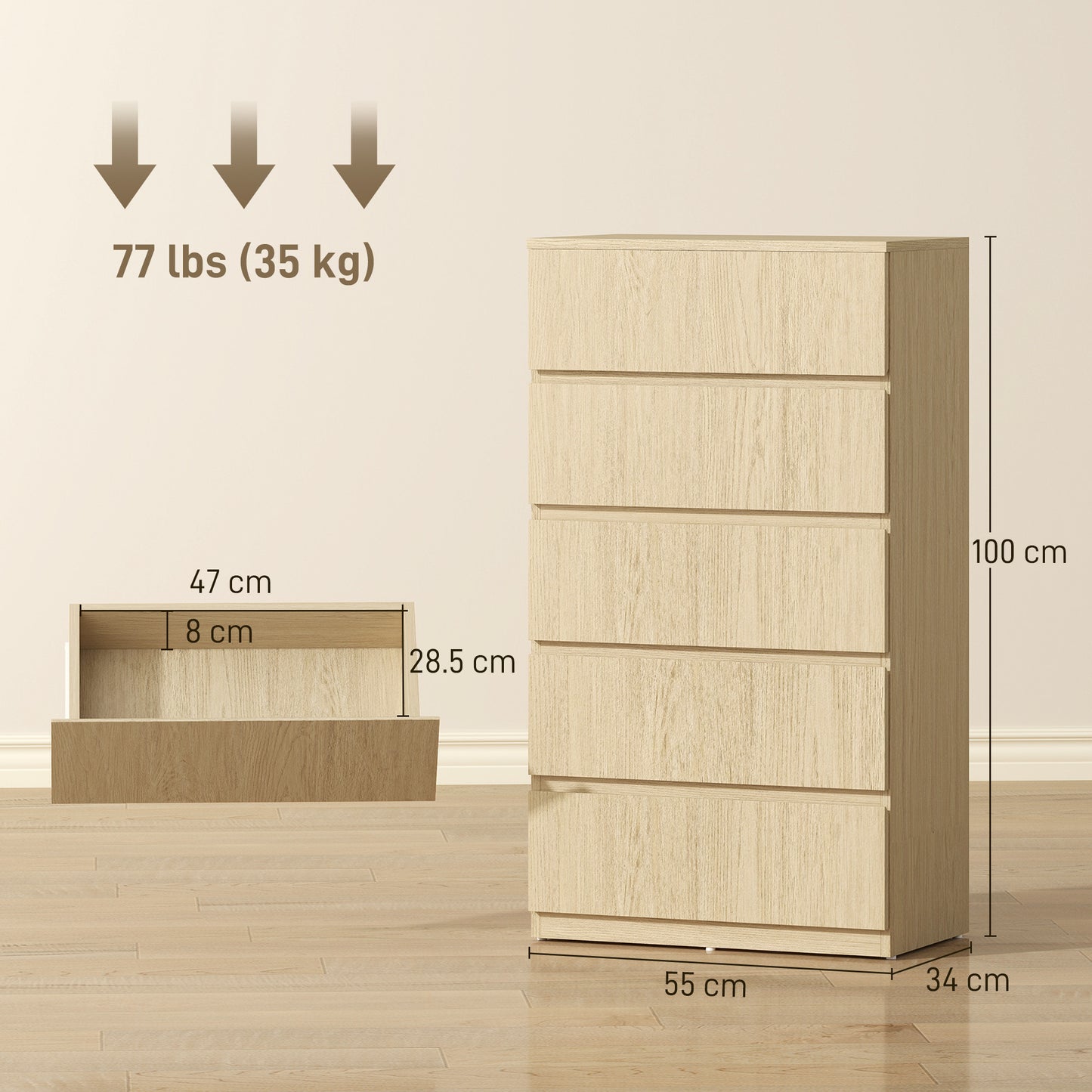 HOMCOM 5 Drawer Chest Modern Dresser for Bedroom Storage Cabinets and Organizer Furniture