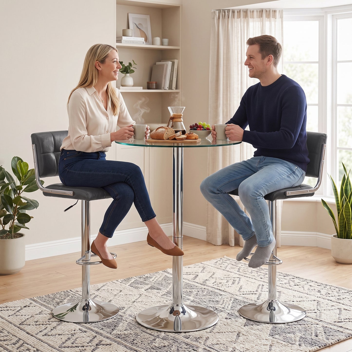 Pair of grey bar stools with backrests, chrome pedestal bases, PU cushioned seats
