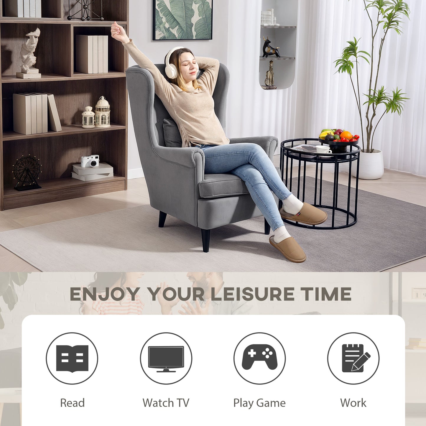 HOMCOM Modern Velvet Wingback Reading Chair With High Backrest And Removable Pillow Cover Solid Wood Legs Dark Grey