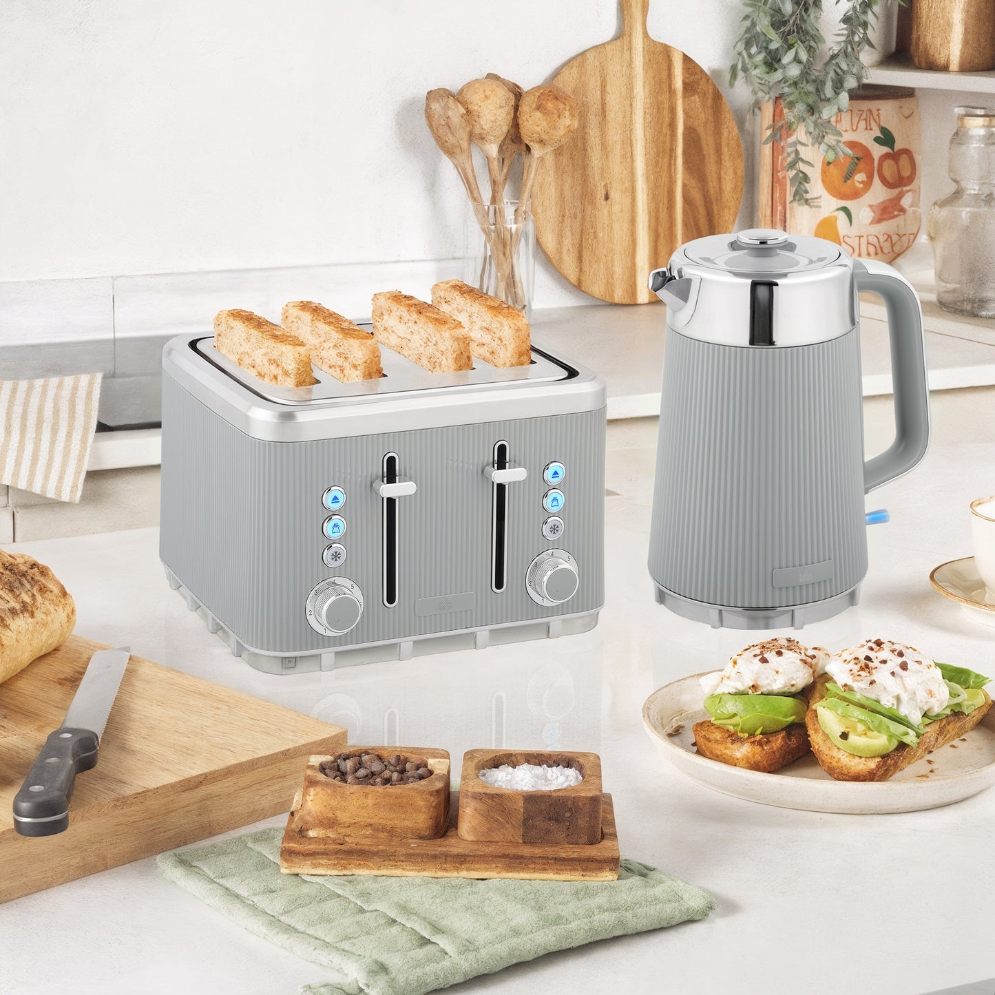 HOMCOM Kettle And Toaster Set 3000W 1.7L With UK Strix Thermostat 4 Slice Toaster 7 Browning Levels Taupe