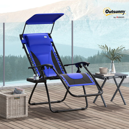 Outsunny Zero Gravity Lounger Chair Folding Recliner With Shade Cover Padded Seat Cup Holder And Headrest Blue